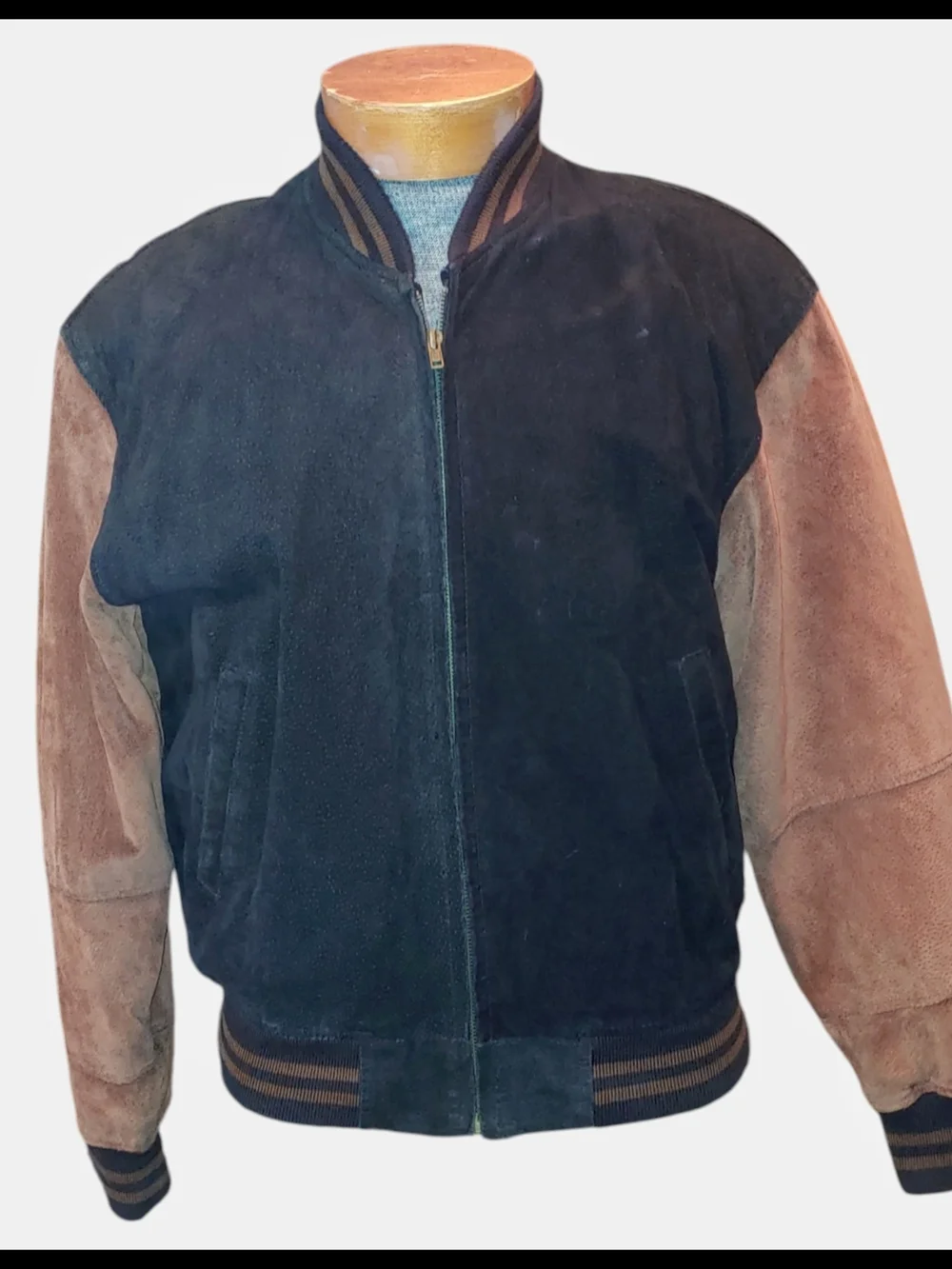 Men's Two-Tone Suede Bomber Jacket - Black & Brown